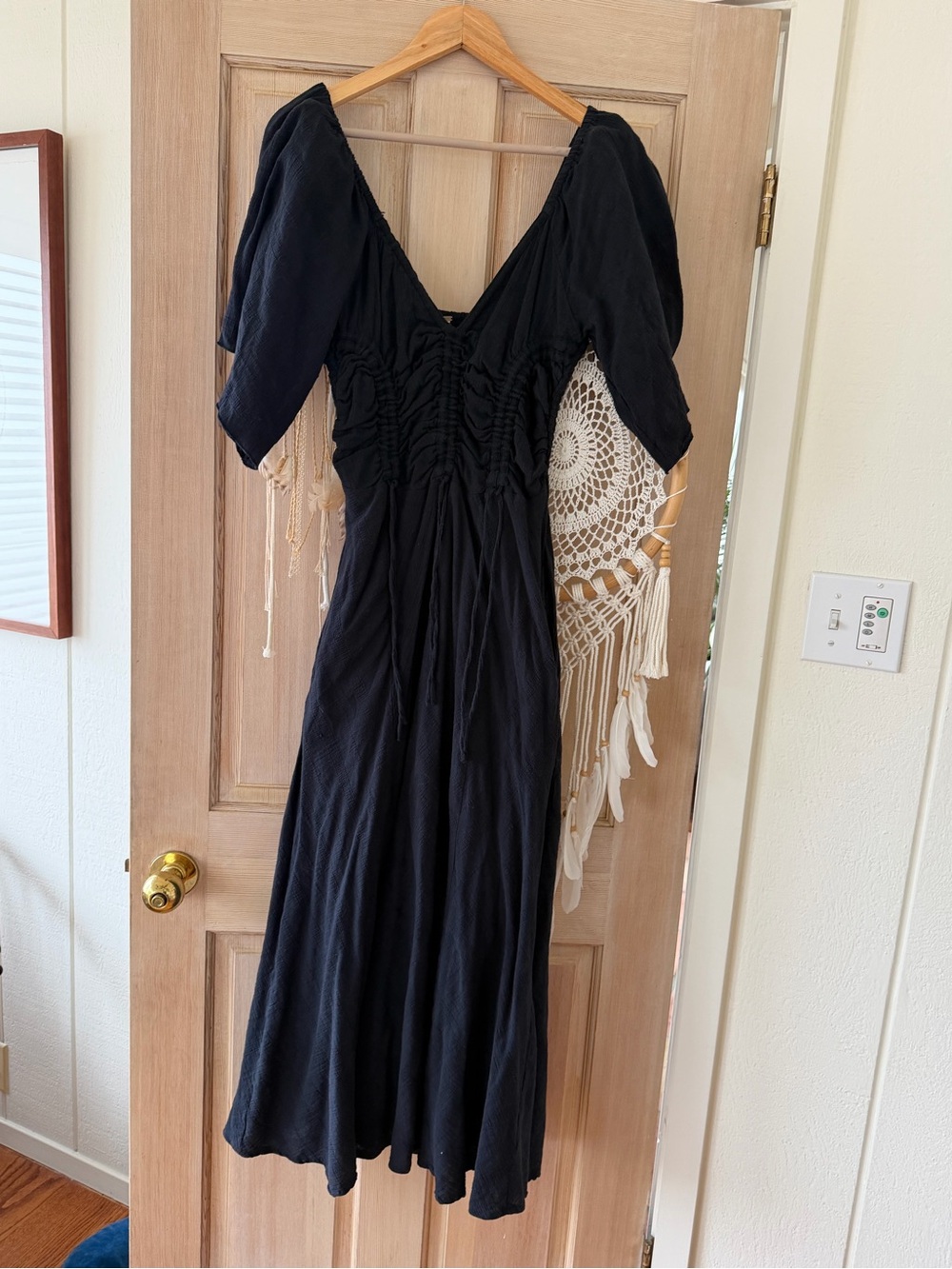 Free People Black Midi Dress with Puff Sleeves and Ruched Front